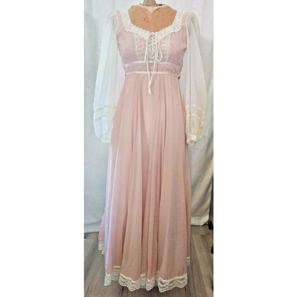 Gunne Sax by Jessica Vtg Maxi Dress Lace-up Corset Bodice Sheer Sleeves Sz 3